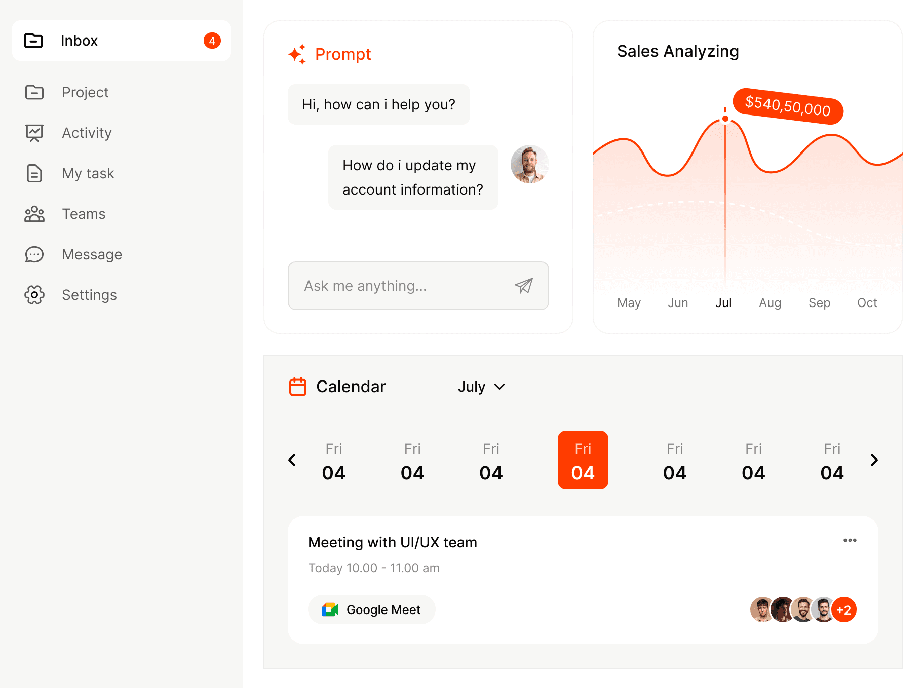 AI dashboard with prompt interface, sales analyzing, and calendar integration